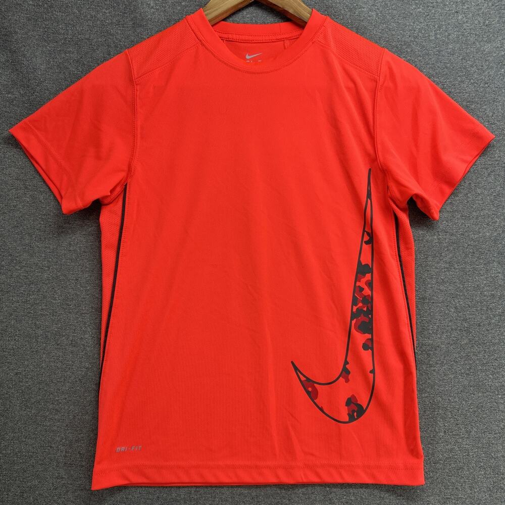 Nike Dri-FIT Shirt Boys Medium Orange Short Sleeve Large Swoosh Athletic Tee